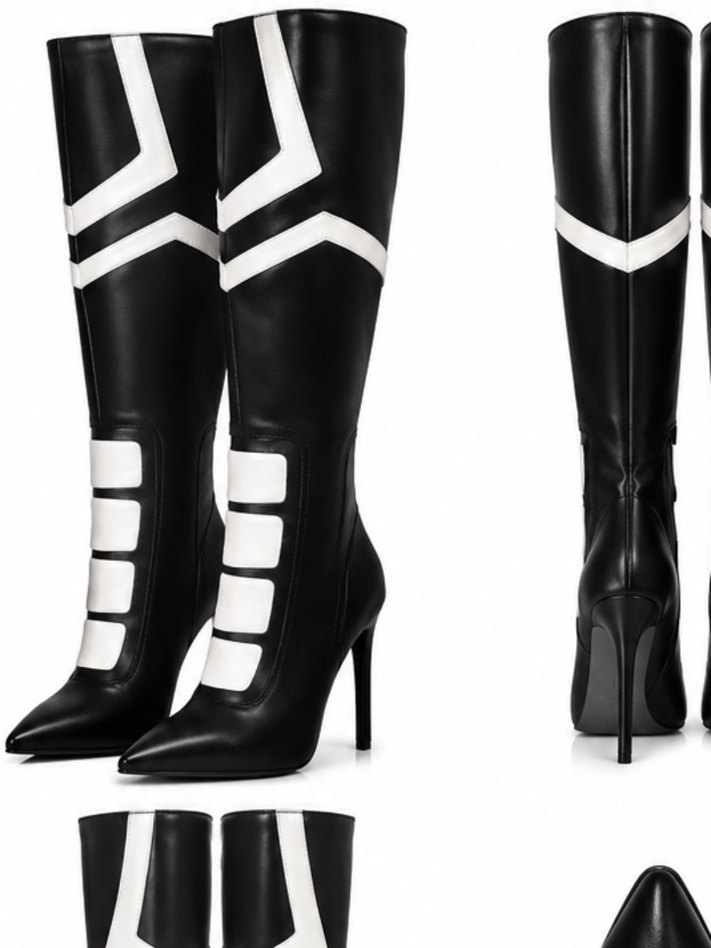 AKIRA Black and White Over-the-Knee Stiletto Boots Rider Moto
